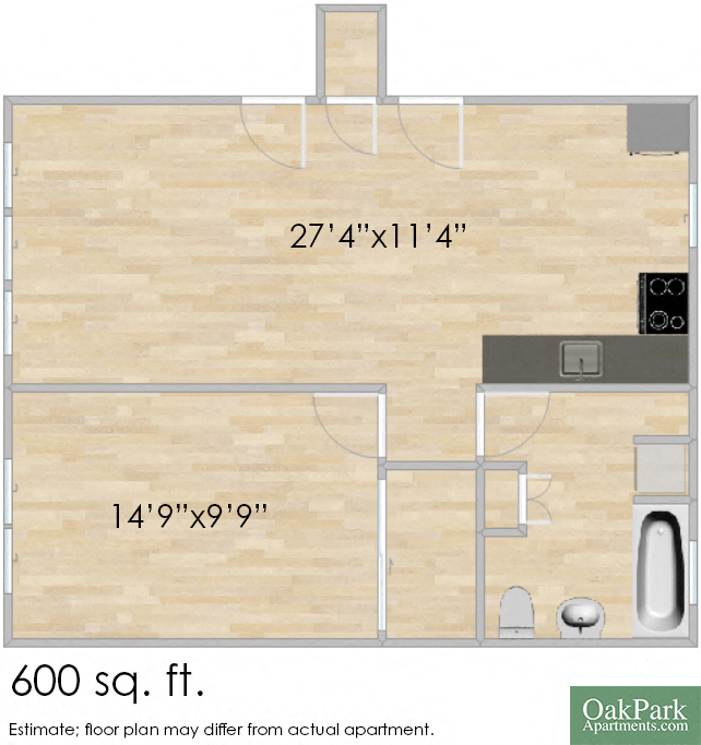 Floor plan for 1 bed, 1 bath, 600 sqft